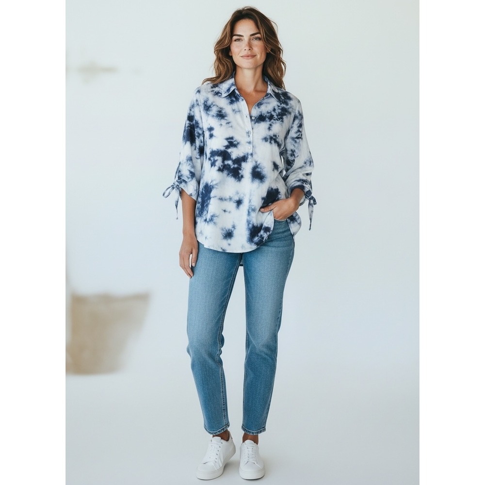 Subtle‎ Luxury Cotton Tie Dye Embroidered Tunic Top Blue White Womens SM